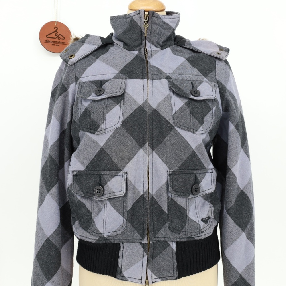 Roxy Gray Checkered Bomber Jacket Size Medium - image 5